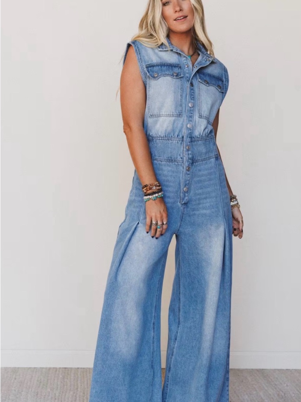 Three Bird Nest Light Blue Sleeveless Denim Jumpsuit